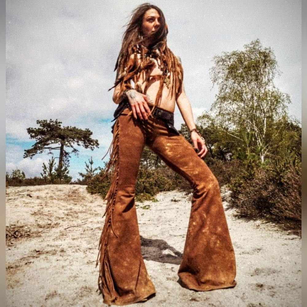 LONG LENGTH Hip Hugger Fringe Bell Bottoms in GOLDEN BROWN TIE DYE - XS S M L XL